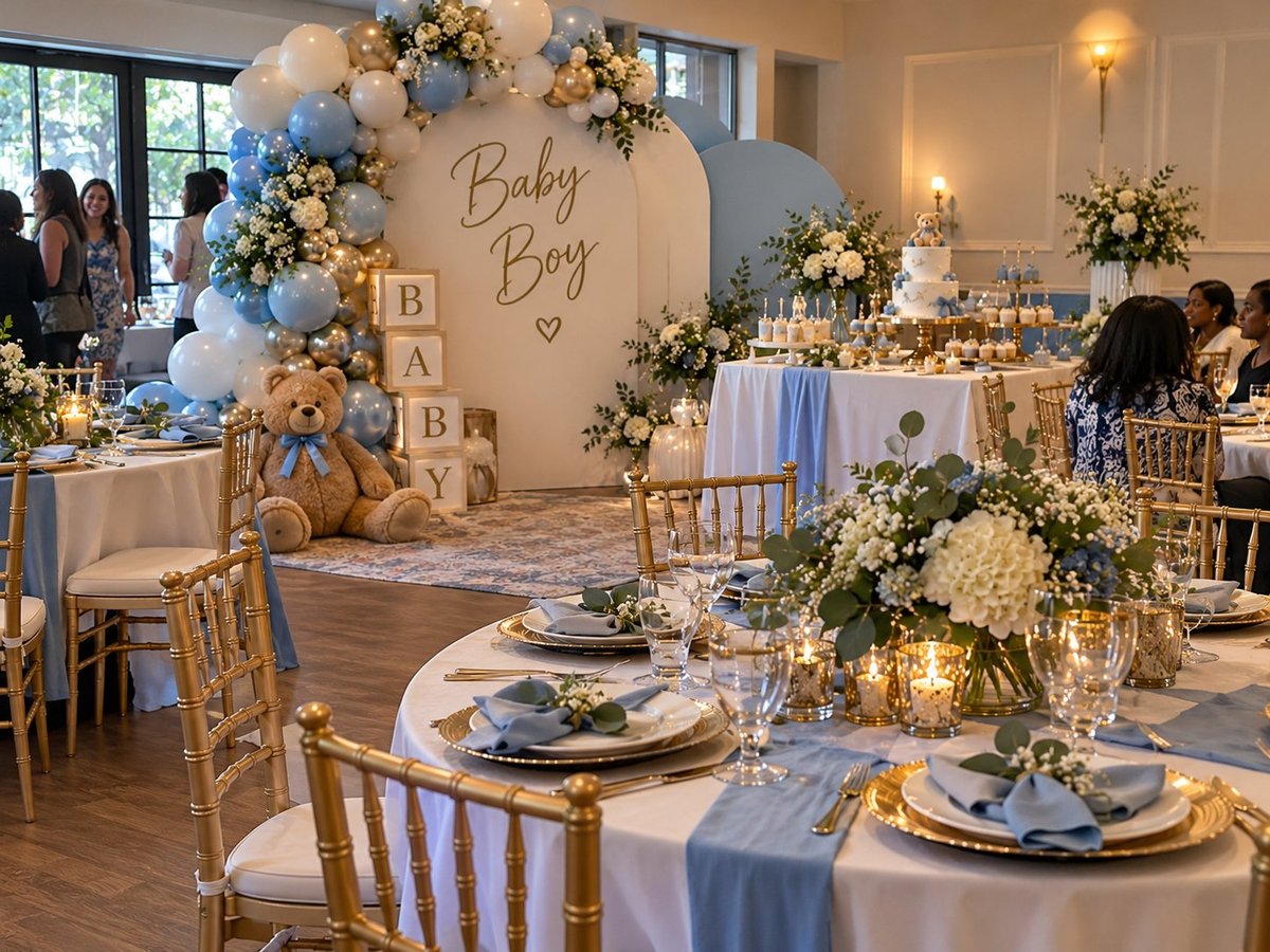 Elegant baby boy shower setup with blue and gold decorations, a floral balloon arch, teddy bear display and dressed table settings