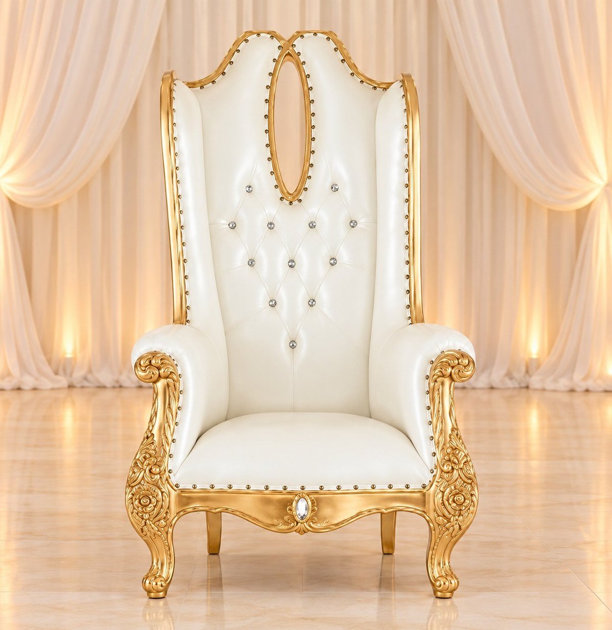 Ornate gold and cream throne chair with button-tufted back and carved armrests in an elegant interior setting