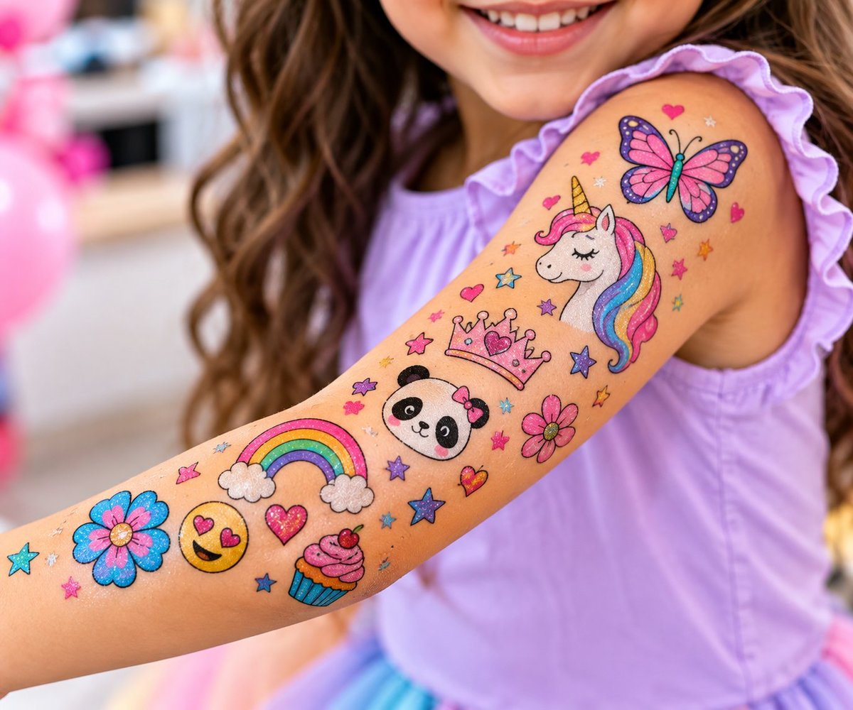 Child wearing temporary tattoos on arm featuring unicorn, butterfly, panda, rainbow, flowers, and hearts in colorful designs
