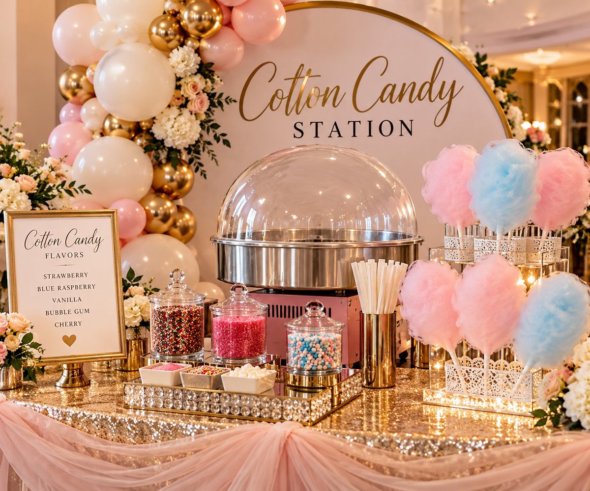 Elegant cotton candy station with gold dome, pink and white balloons, candy jars, and decorative signage