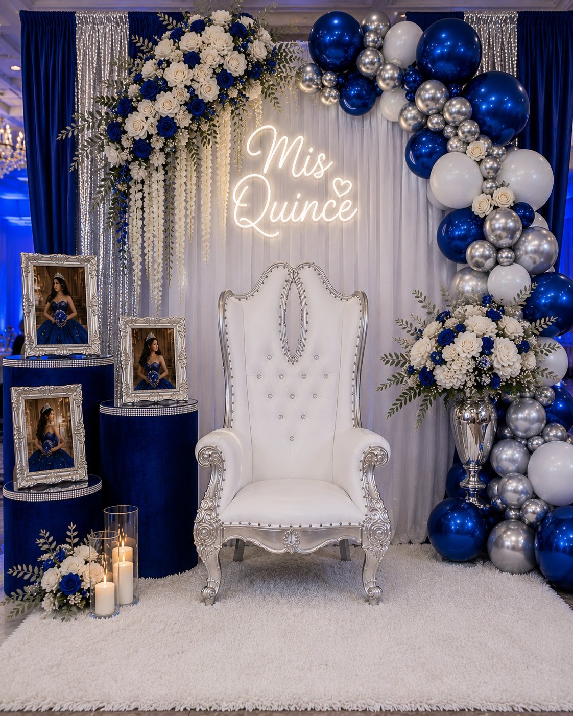 Quinceañera package setup with white ornate throne chair, Mis Quince neon sign, white flowers, and blue and silver balloons