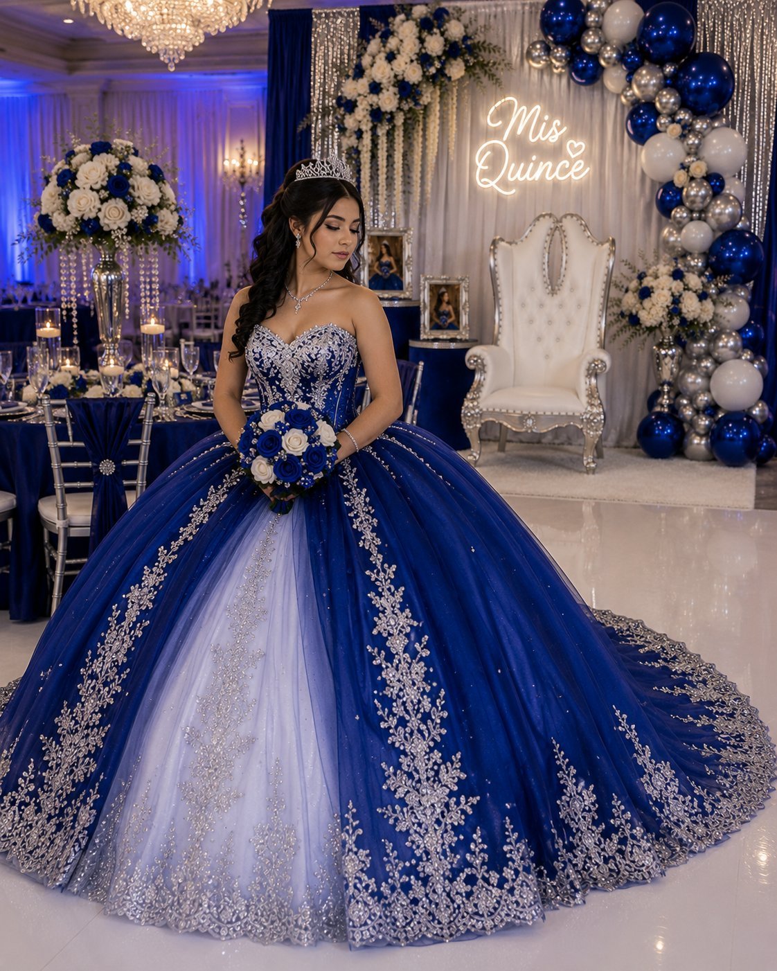 Quinceañera celebration with a woman in an ornate blue and silver ball gown, white throne chair, Mis Quince neon sign and blue and silver balloon arch