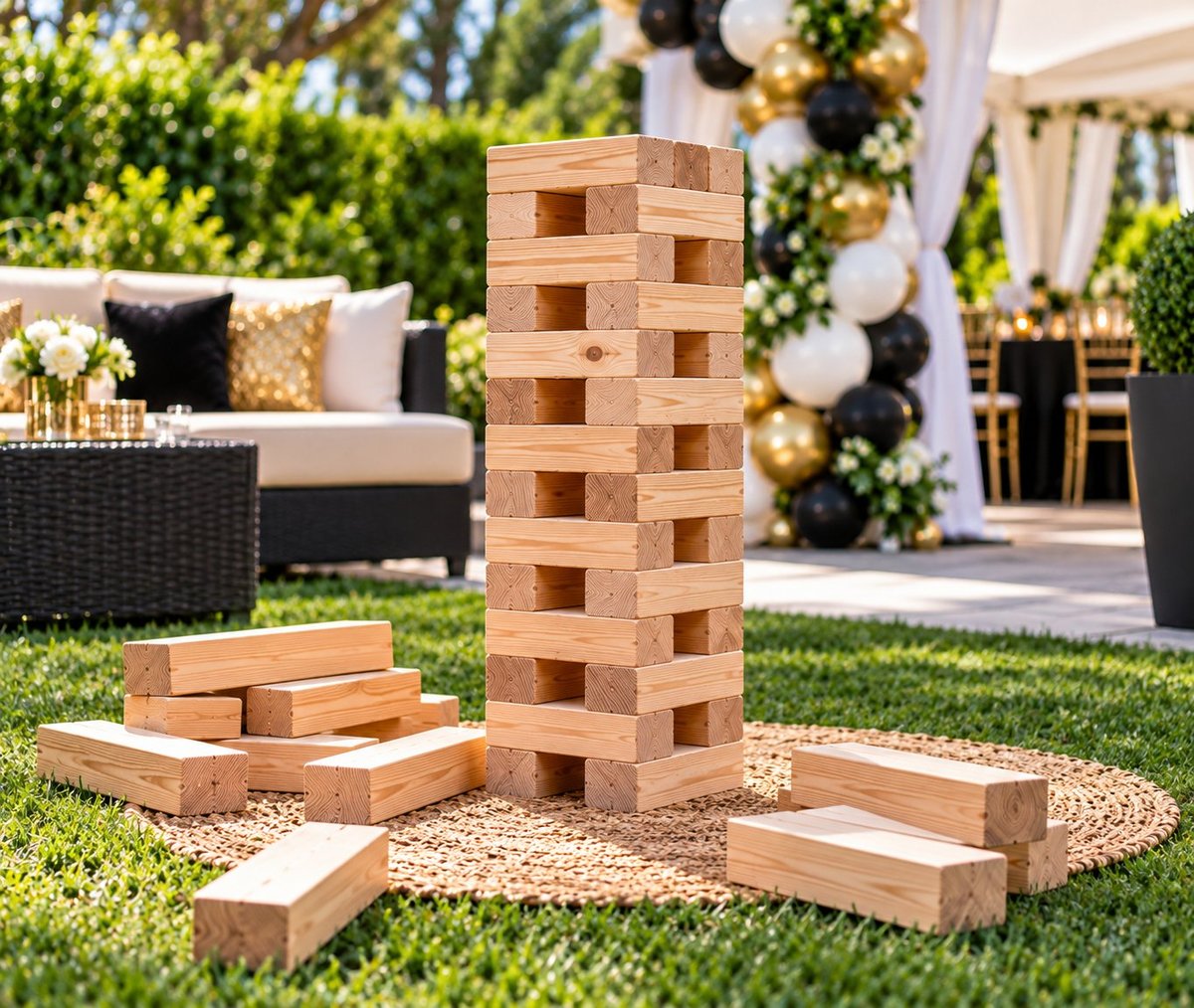 Wooden block stacking game set up on grass in an outdoor garden party setting with decorative backdrop