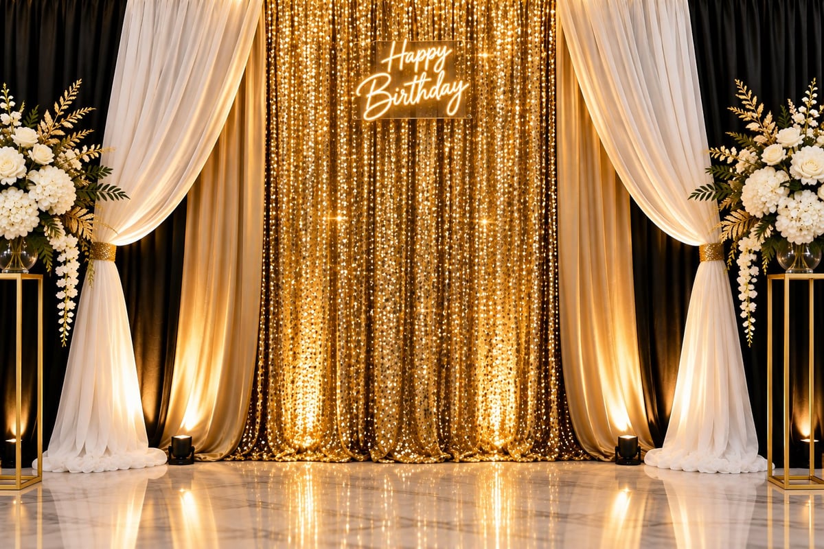 Party stage backdrop with gold sequin curtains, white draping, floral arrangements and a neon Happy Birthday sign